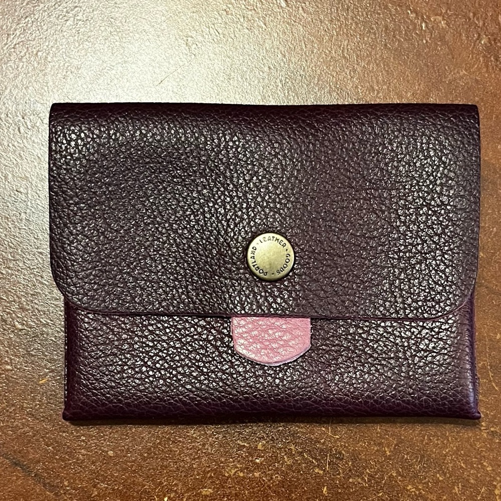 Portland Leather Plum Euro Wallet - Pebbled leather Wallet with Pink Tab